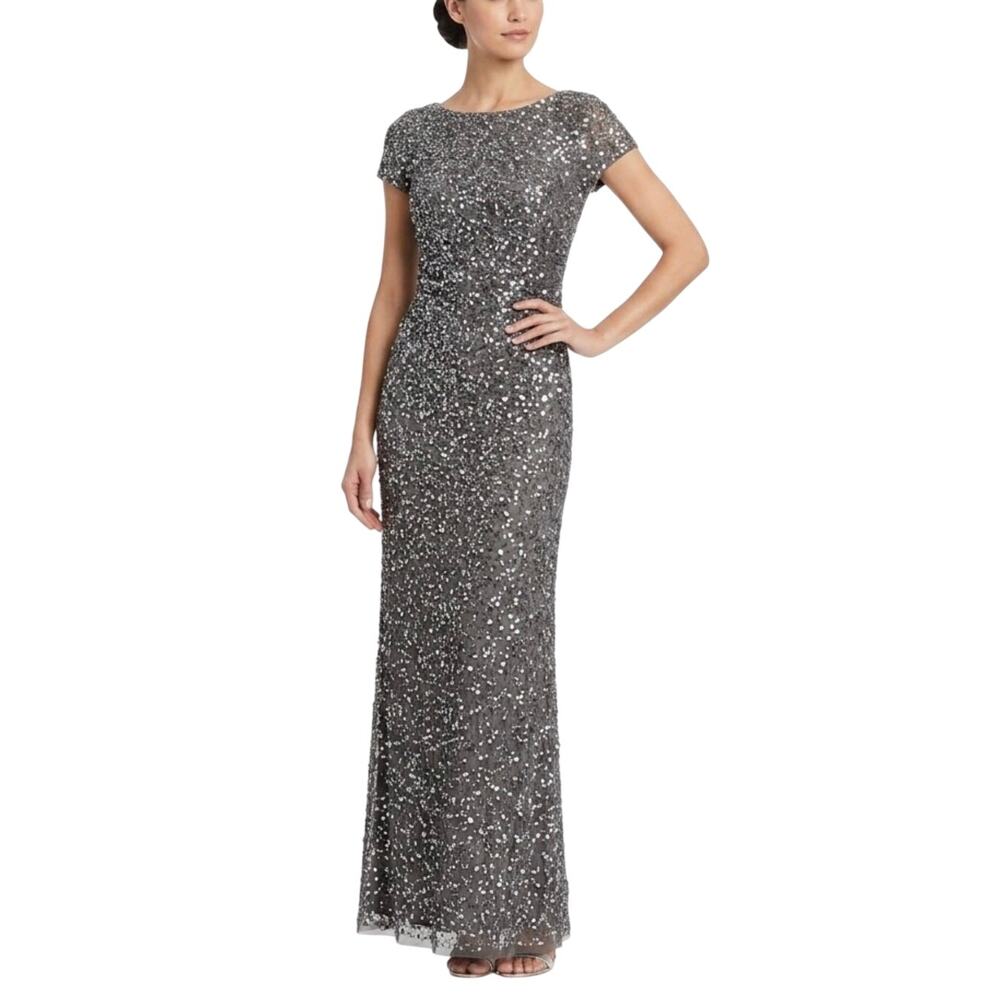 Adrianna Papell Silver Evening Gown Short Sleeve Scoop Back A-Line Dress Size 6